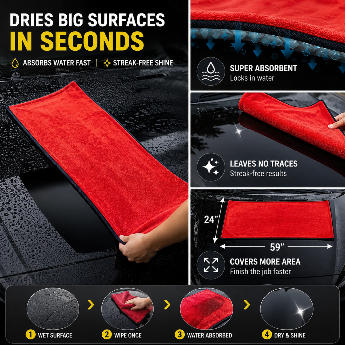 Car Drying Towel 59"X24 - Ultra Absorbent Microfiber 3PC