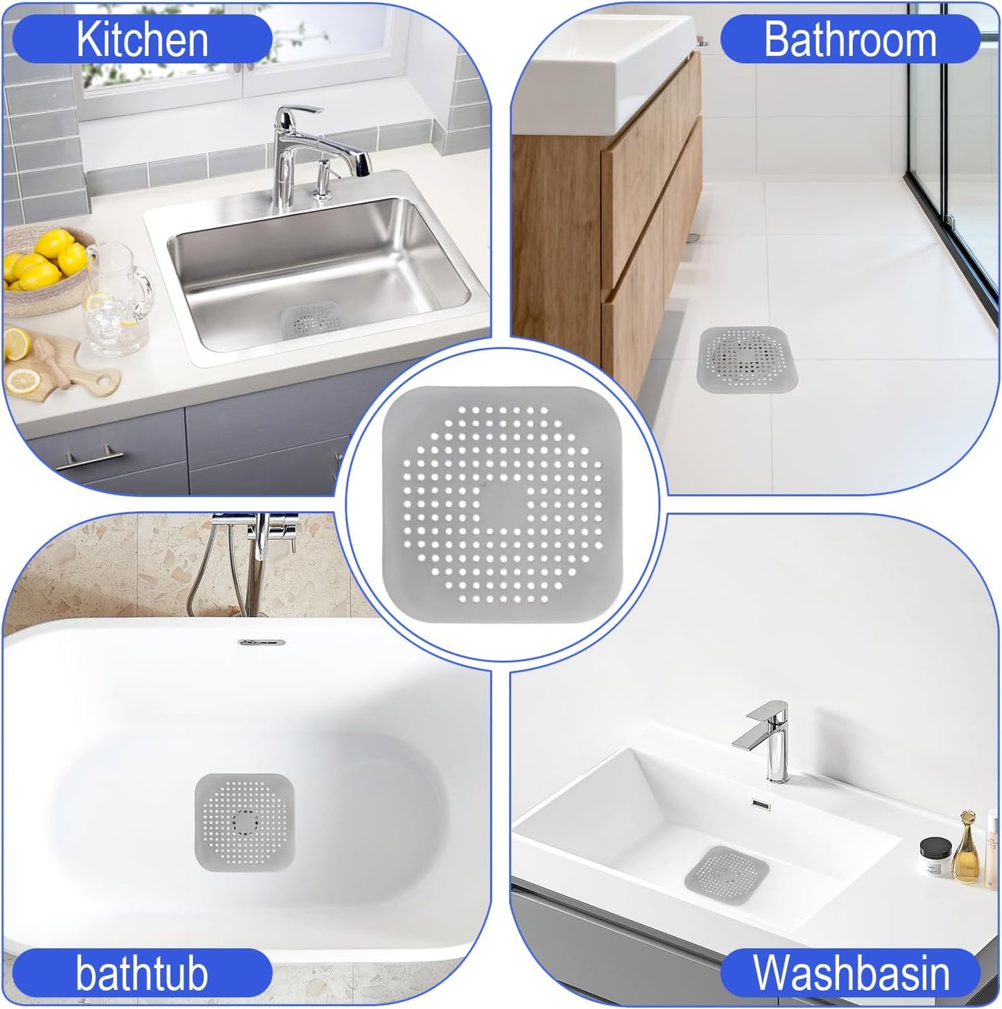 Bathtub Drain Hair Catcher 4 Pack, Silicone Stopper with Suction Cup | Fits Shower & Kitchen Sink Drains, Prevents Clogs, Reusable, Easy to Clean, Durable, Grey