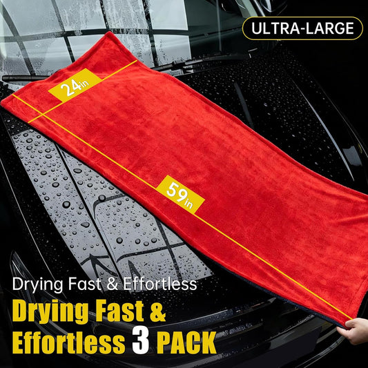 Car Drying Towel 59"X24" 1300 GSM Ultra Absorbent Microfiber 3PC | Twisted-Loop, Extra Large, Lint Free Surface, Scratch & Streak-Free, Soft on Paint, Machine Washable, for Cars Trucks Suvs