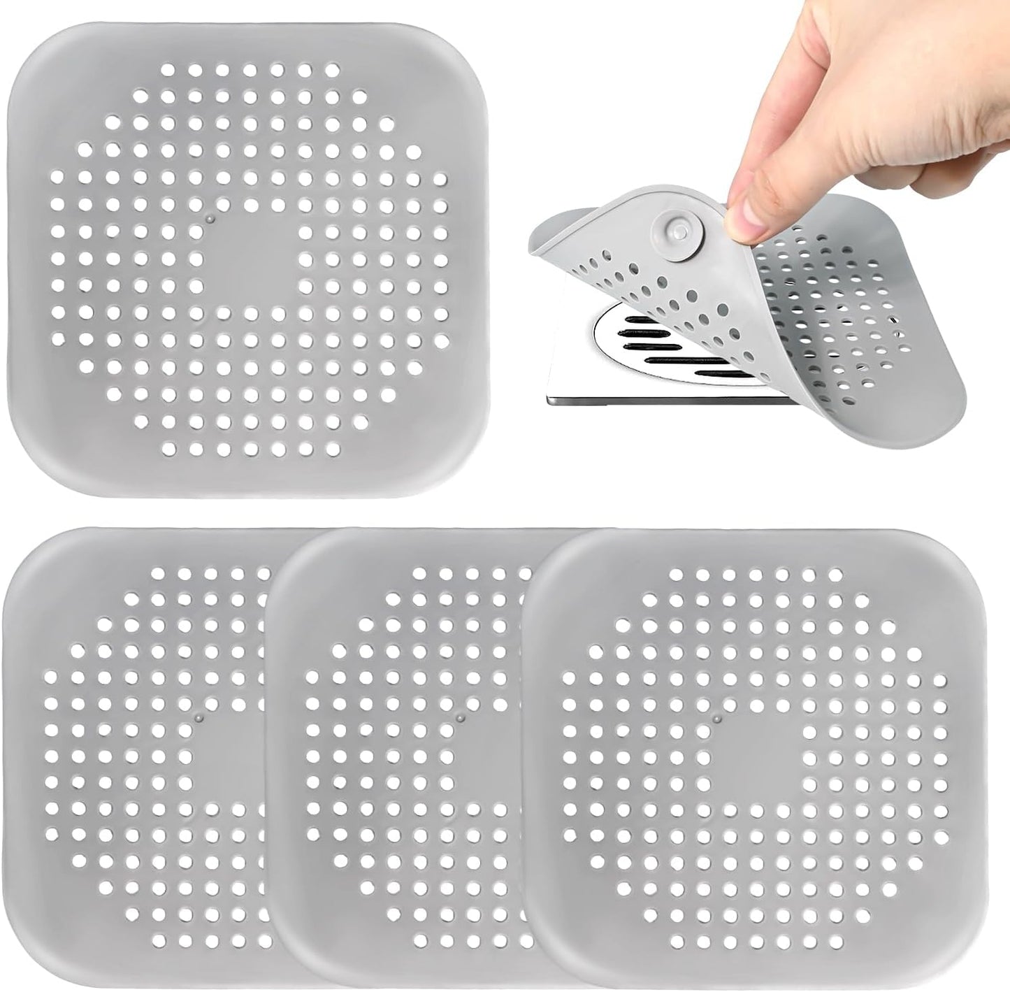 Bathtub Drain Hair Catcher 4 Pack, Silicone Stopper with Suction Cup | Fits Shower & Kitchen Sink Drains, Prevents Clogs, Reusable, Easy to Clean, Durable, Grey