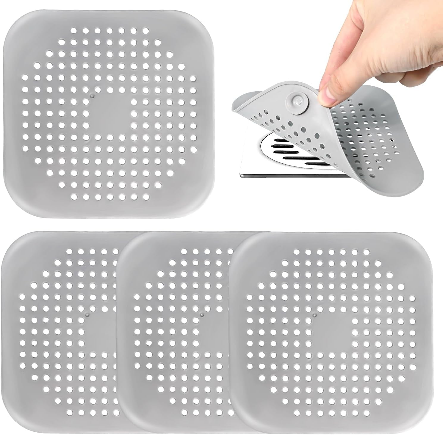 Bathtub Drain Hair Catcher 4 Pack, Silicone Stopper with Suction Cup | Fits Shower & Kitchen Sink Drains, Prevents Clogs, Reusable, Easy to Clean, Durable, Grey