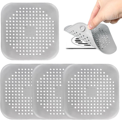 Bathtub Drain Hair Catcher 4 Pack, Silicone Stopper with Suction Cup | Fits Shower & Kitchen Sink Drains, Prevents Clogs, Reusable, Easy to Clean, Durable, Grey