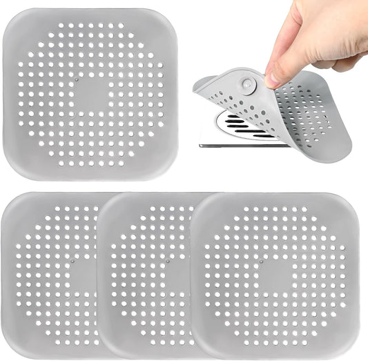 Bathtub Drain Hair Catcher 4 Pack, Silicone Stopper with Suction Cup | Fits Shower & Kitchen Sink Drains, Prevents Clogs, Reusable, Easy to Clean, Durable, Grey